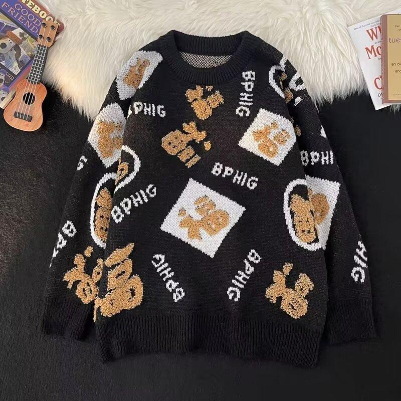 

Fu character red festive sweater men s and women s winter loose lazy wind knitted sweater XXL чорний