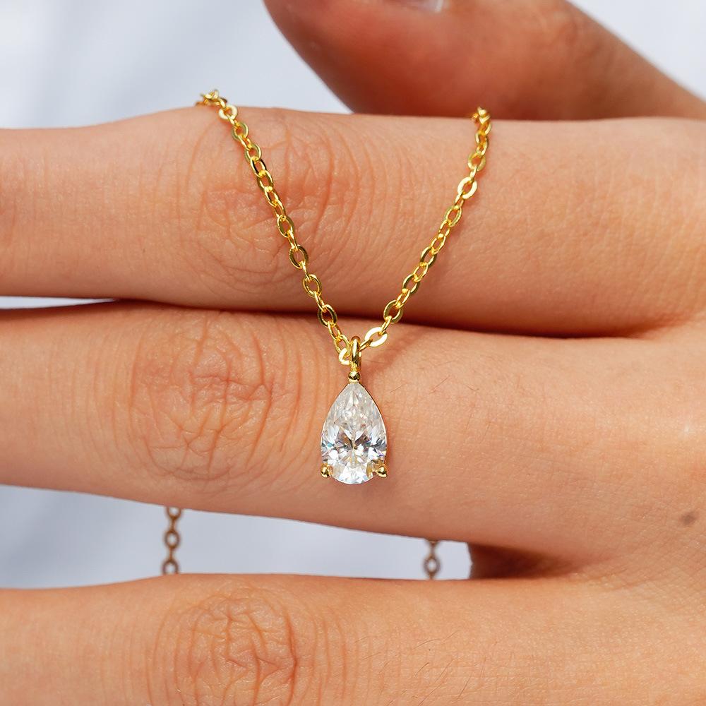 925 Sterling Silver 1CT Pear Cut Moissanite Pendant Necklace for Women – 14K Gold Plated Solitaire Jewelry
