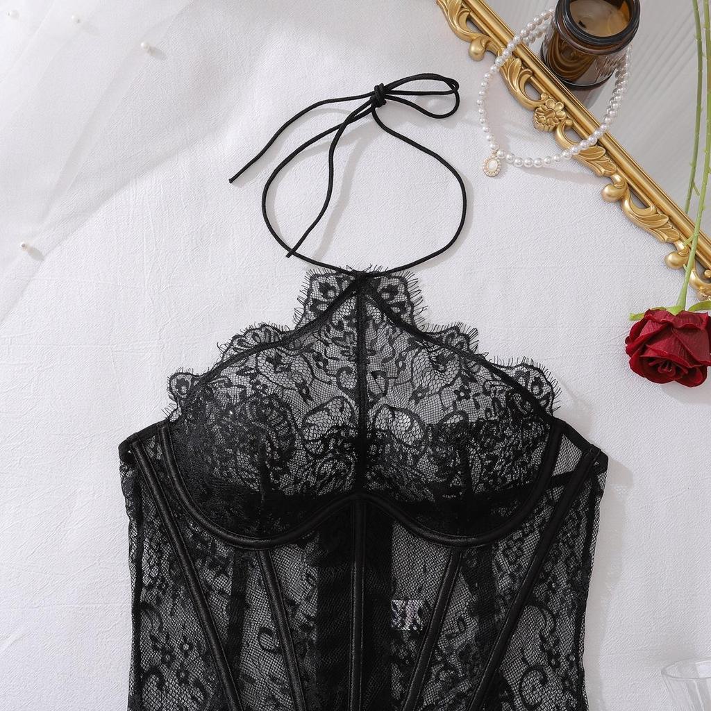 Damen Sexy Bandeau Dessous-Set Spitze Mit Stäbchen Schlankes Neckholder Unterwäsche Push-Up Taillenraffung Oberbekleidung Dessous-Set