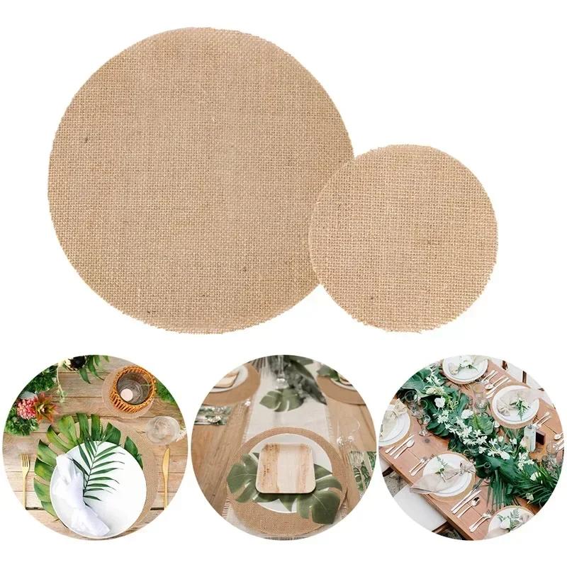 10Pcs Round Linen Jute Burlap Table Placemat Table Mat Dinner Table Tea Cup Plates Mat Home Wedding Birthday Party DIY Decor
