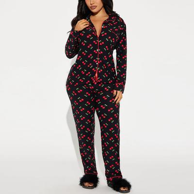 A Two-piece Set of Home Wear for Women In Autumn and Winter with Cherry Print Lapels, Long-sleeved Shirts and Long Pants