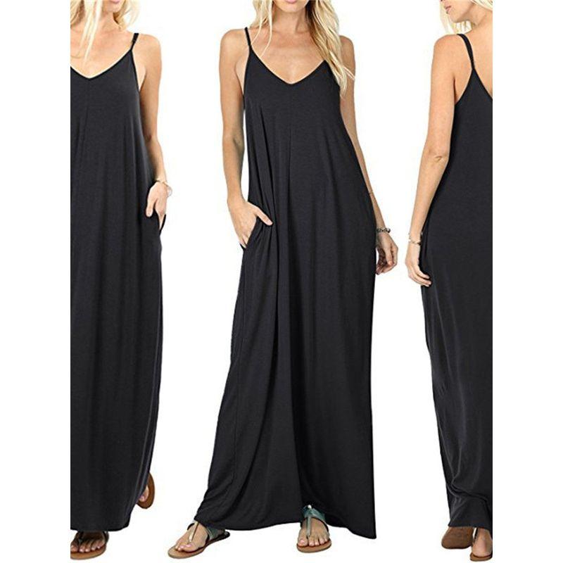 Women's Solid Color Loose Pocket Long Skirt Pure Color Loose Pockets Long Dress