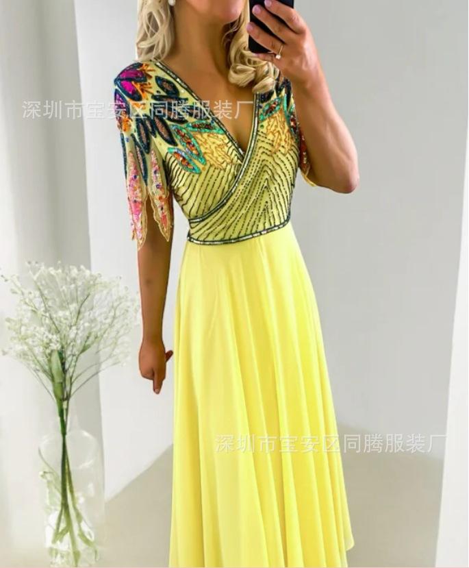 Spring And Summer New European And American Elegant Women S Clothing Printed V-Neck Thin Waist Dress S жёлтый