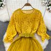 Summer Women Hollow Out Lace Pleated Long Dress Vintage Female O-Neck Yellow/Purple/Blue/Black Patchwork Draped Maxi Vestidos