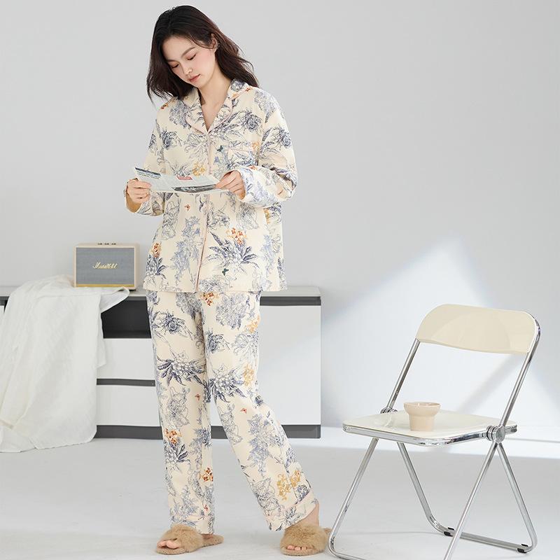 Class A antibacterial pure cotton pajamas women's autumn and winter long-sleeved trousers high-end large-size cool cotton loungewear women's suit