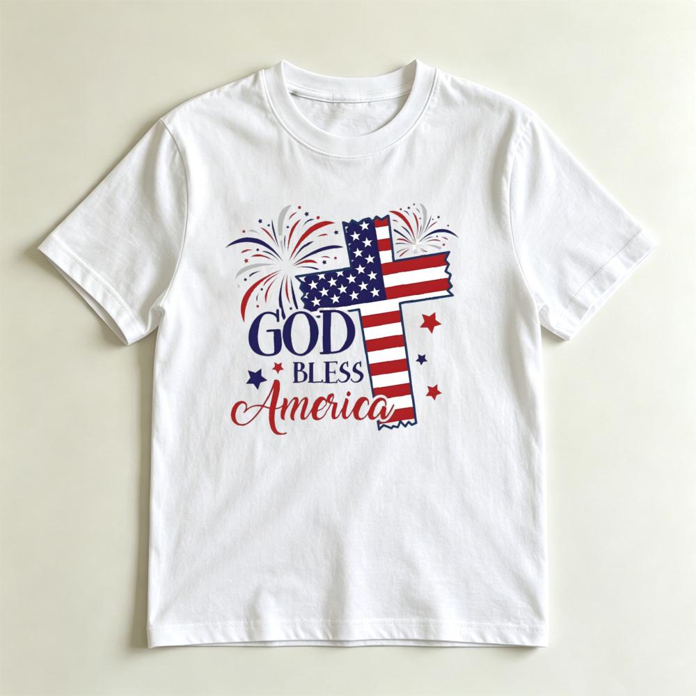 God Bless America American Flag Cross Graphic TShirt Patriotic 4th Of July Christian Tee Usa Independence Day Faith T