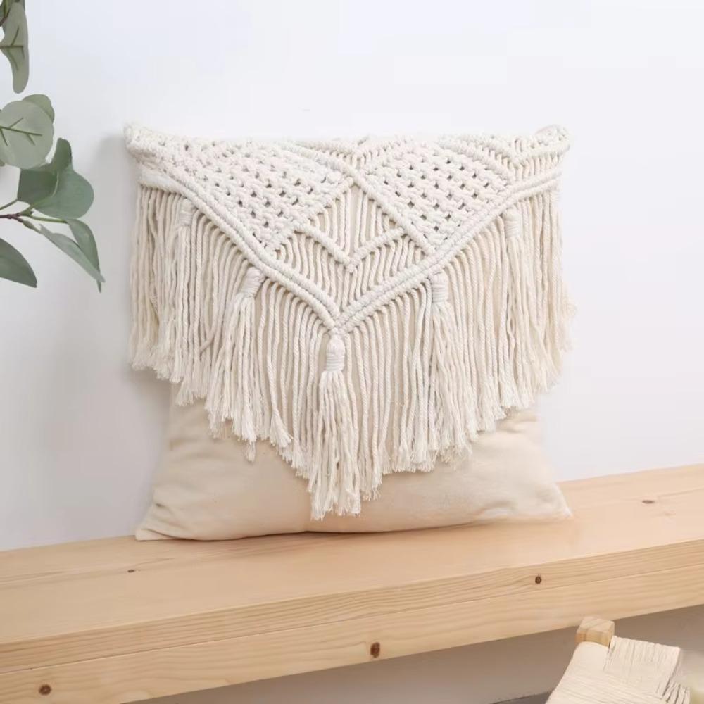 Home Decor Hand-woven Bohemian Macrame Pillow Cover with Tassel Pastoral Sofa Cushion Cover Washable Square Pillowslip Bedroom