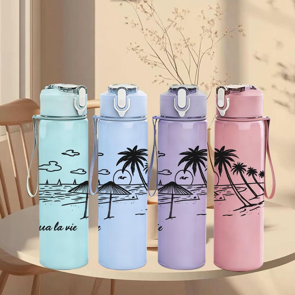 1PC Palm Tree Beach Sketch Art 750ml Color Plastic Sports Water Bottle Leakproof Flip Straw Lid Suitable for Sports Office Home Use