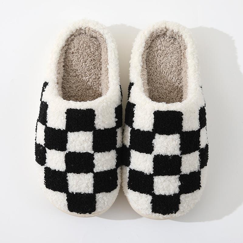 

New comfortable home checkerboard warm winter cotton slippers couple men and women thick-soled soft-soled cotton shoes thickened non-slip 37-38 рожевий