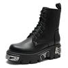 Fashion Darkness Punk Style Platform Women Ankle Boots Chunky Heel Black Metal Decor Women's Motorcycle Boots Lace UP Top Quality