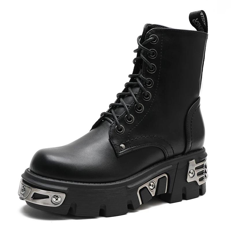 

Модная Темная Панк Стиль Платформа Женские Ботильоны Массивный Каблук Черный Металлический Декор Женские Мотоботы На Шнуровке Высокое Качество 42