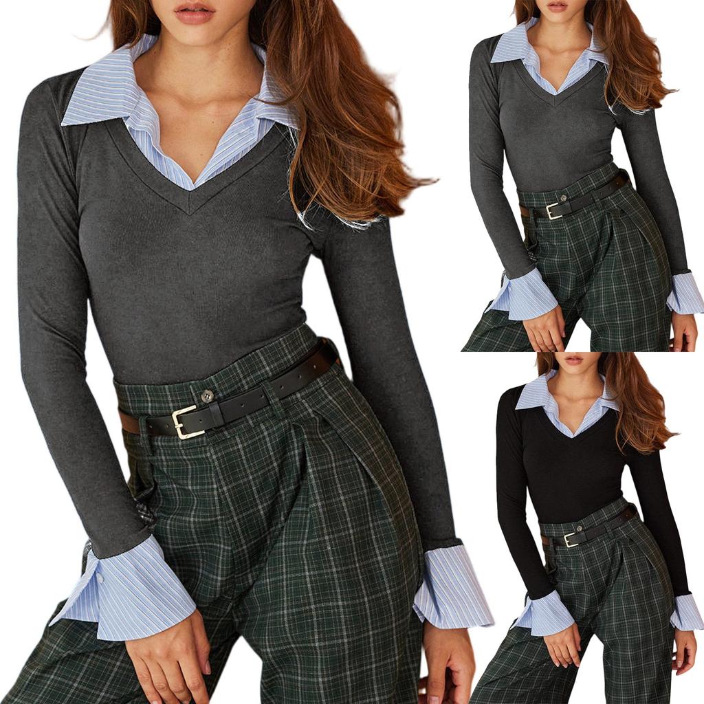 Women's Fashion Casual Splicing Fake Two-piece V-neck Long-sleeved Knitted Shirt