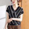 Mom Summer Striped Short Sleeved Ice Silk Knitted T-shirt Women's V-neck Top Thin