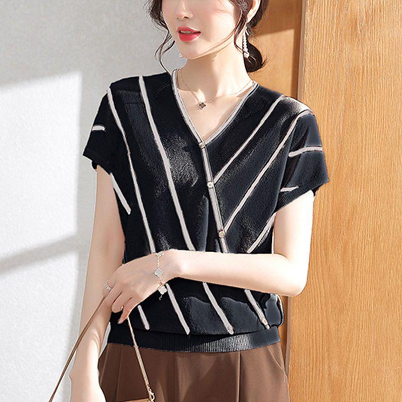 Mom Summer Striped Short Sleeved Ice Silk Knitted T-shirt Women's V-neck Top Thin