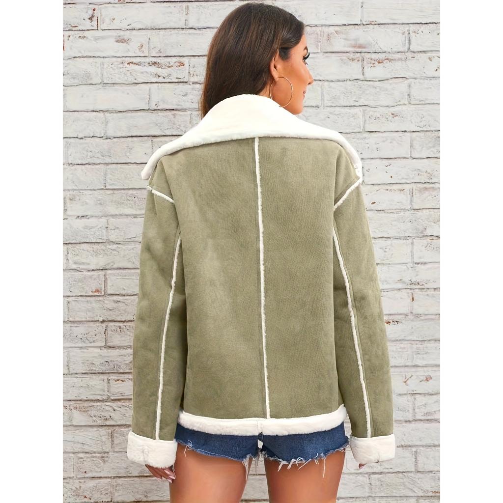 2026 New Women's Faux Fur Collar Jacket, Winter Warm Plush Cozy Casual Outwear with Fashionable Lapel Design for Cold Weather