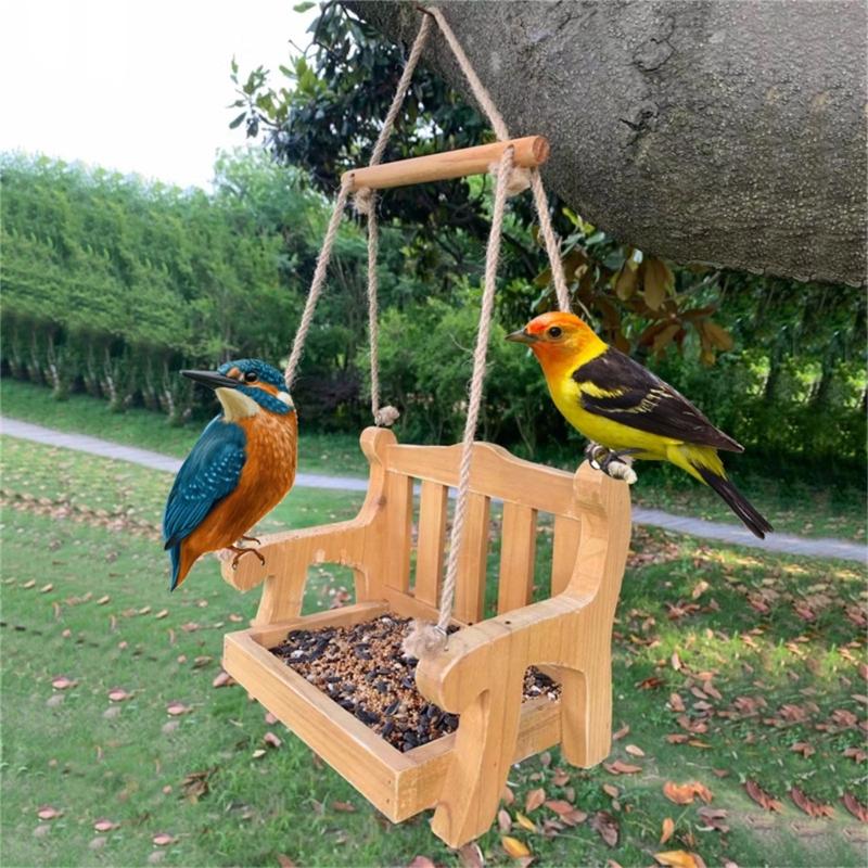Platzsparende hängende Tierfutterspender Holzstuhl Vogelfutterspender Hängendes Kletternetz für Außenhöfe Garten
