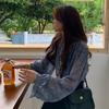 Spring  Autumn Women's Sweet Slim Chiffon Shirts Puff Sleeve Elegant Tops and Blouses Cardigan Blue Print Floral Blusas