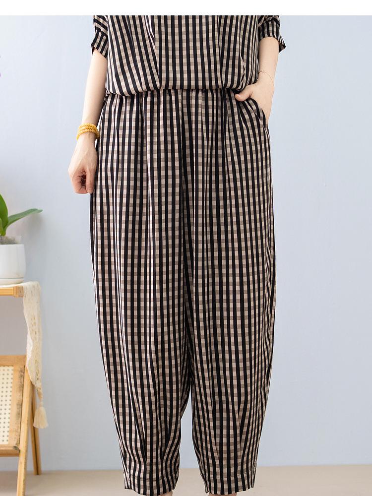 Plus Size Ethnic Style Women's Striped T-Shirt and Joggers Set for Middle-Aged Moms