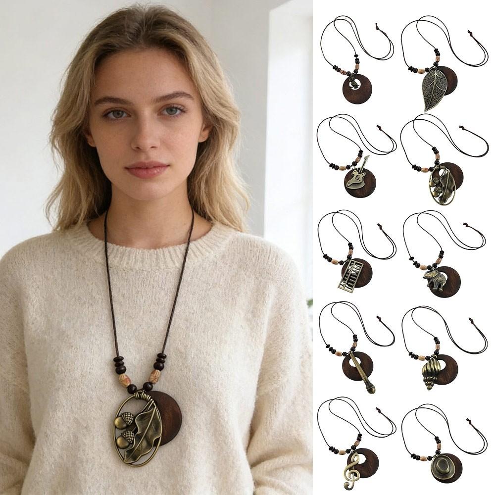 Leather Chain Wooden Pendant Necklace Boho Sweater Necklace Vintage Sweater Chain  Gifts