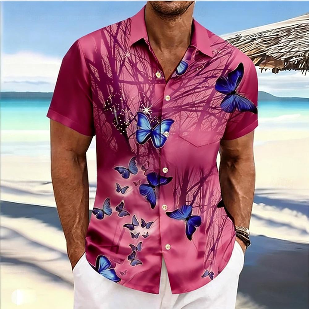 2026Men's Spring New Short-sleeved Shirt Natural Butterfly High-definition 3D Printed Shirt Hawaiian Outdoor Party Clothes Men's