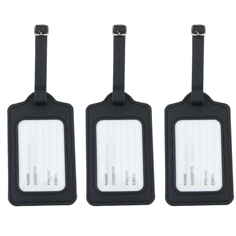 

PLEAVIT Luggage Tags, Name Tags, Suitcase Tags, Set of 3, PU Leather, Anti-Loss, Black