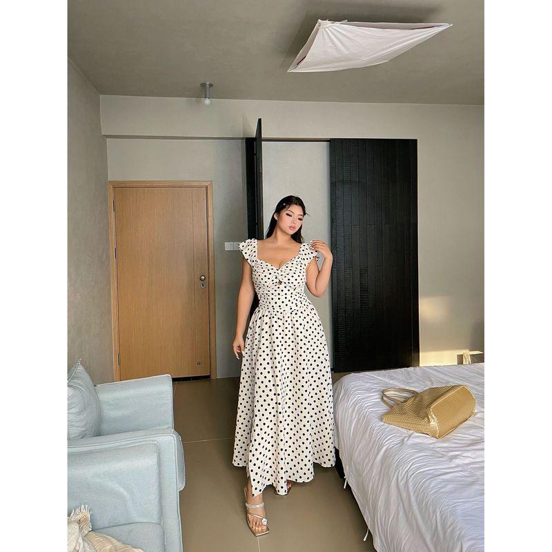 Brother Nan Chubby French Style High Sense Polka Dot Dress Women Summer New Plus Size Waist Hugging Slimming Split Long Dress