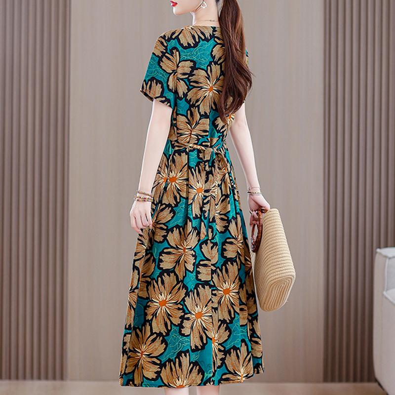 Langes Kleid mit Vintage-Print für Damen in Übergröße, lässiges kurzärmliges Sommerkleid mit Gürtel, Damenbekleidung mittleren Alters