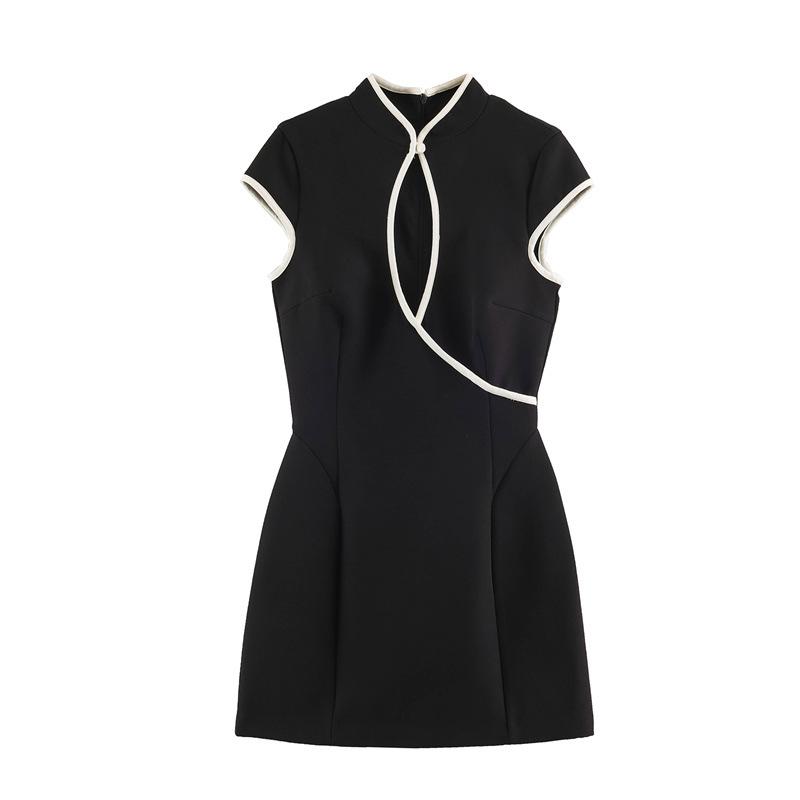 Women Contrast Trim Mini Dress Stand Collar Hollow Out Slim Short Dress XX12331