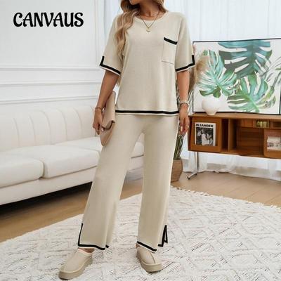 Conjunto de suéter feminino outono e inverno temperamento comunicador colisão manga curta calças compridas