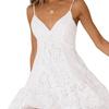 FASHION Women Sling Dress Spaghetti Straps V-Neck Lace Solid Summer Mini Thin Shoulder Strap Dress for Club Party