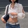 INS Minimalist Style Polo Collar Breasted Long Sleeve Shirt Top Women's Autumn Sneaky Design Hollow-out Short Crop Top Sexy T-shirt