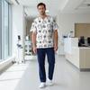 Men's Short Sleeve V-Neck Christmas Scrub Top with Chest Pocket and Print