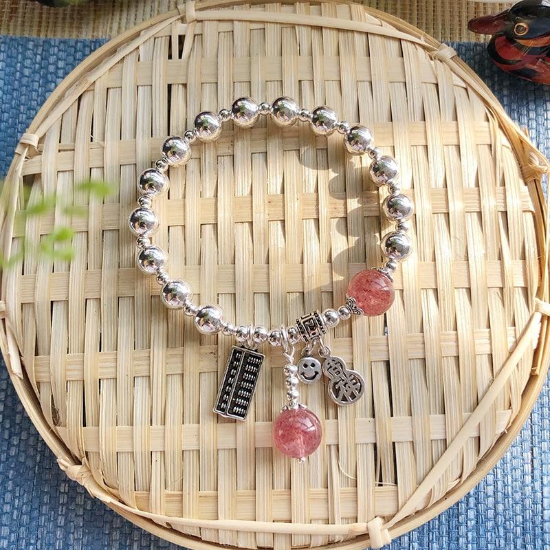 Qmcoco 925 Silver Bracelet Simple Sweet Bracelet Lady Smile Face Abacus Lucky Cat Strawberry Crystal Bracelet Party Jewelry Gift