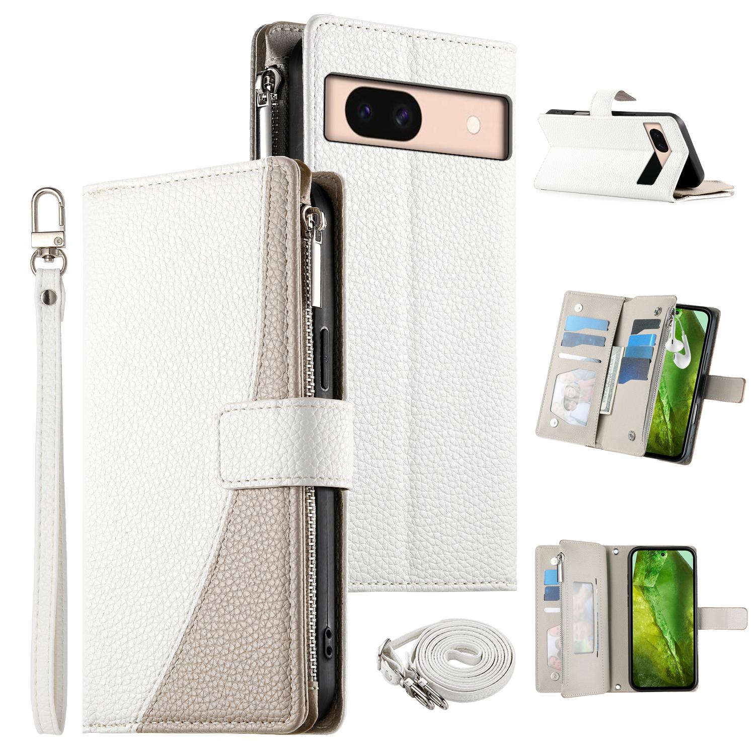 

For Google Pixel 8a Case Zipper Wallet Color Splicing Leather Flip Phone Cover with Straps White