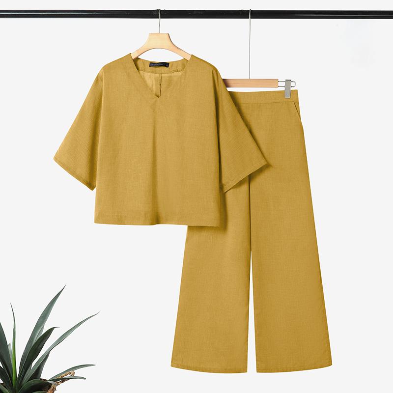 ZANZEA Women Half Sleeve Blouse and Pants Summer Two Piece Suit Sets