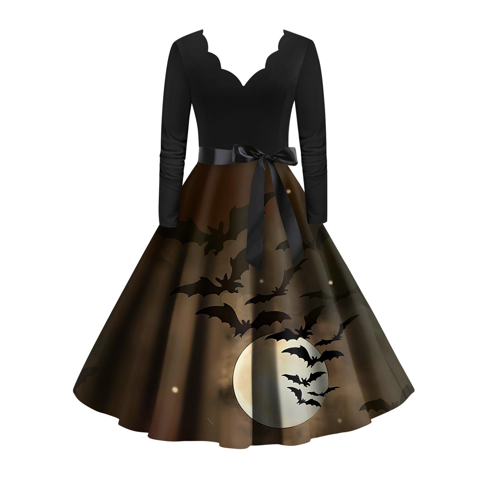 

Женское винтажное классическое платье с вырезом на талии и галстуком-бабочкой с длинными рукавами на Хэллоуин с принтом и V-образным вырезом, свободное платье XXXXXL