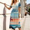 Women's V Neck Short Sleeve Casual Dress Hawaiian Print Midi Dress with Waistband Summer Beach Dress