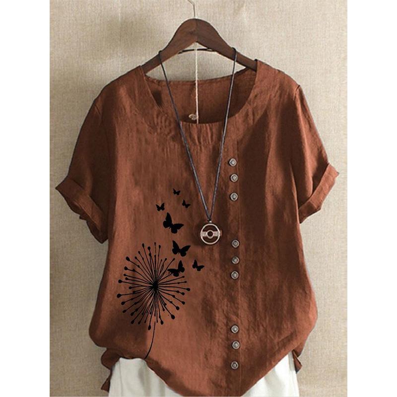 

Летняя женская футболка с коротким рукавом и круглым вырезом, женская льняная рубашка, топы большого размера 5XL кофейный