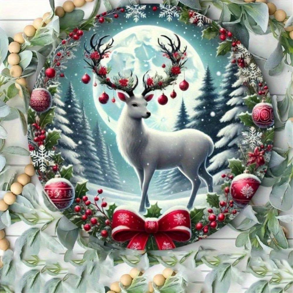 Vintage Rustic Christmas Tin Sign Wall Art Round Metal Plaque Winter Deer Holiday Home Decor