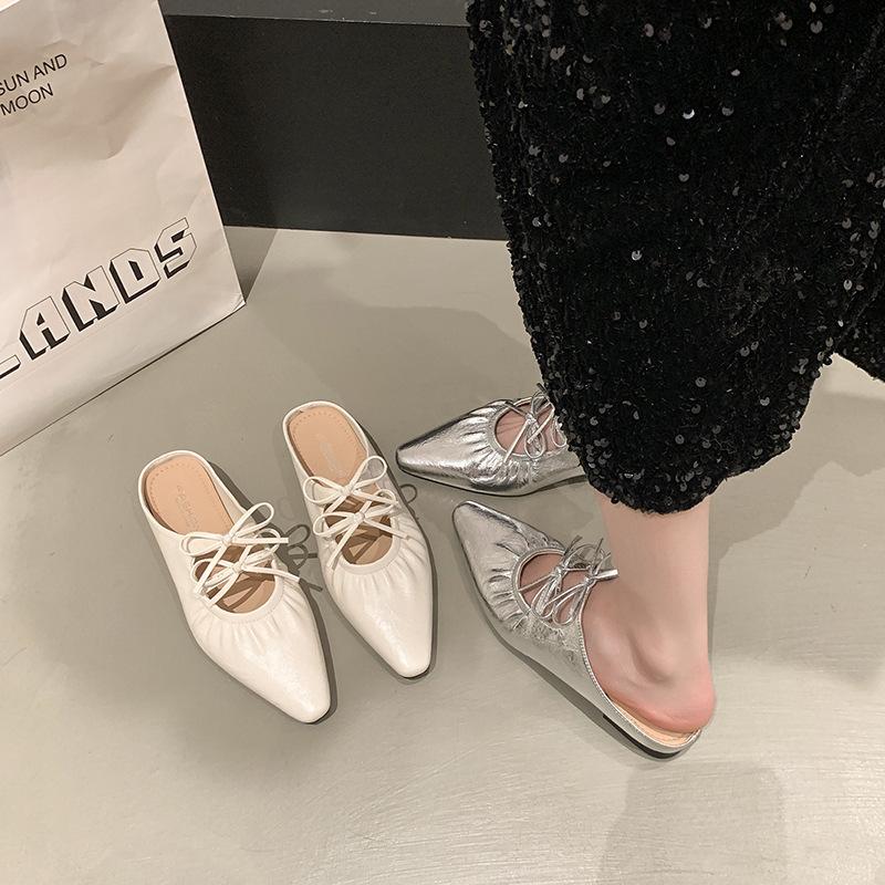 New leather bag head half slippers women wear flat bow Mary Jane shoes