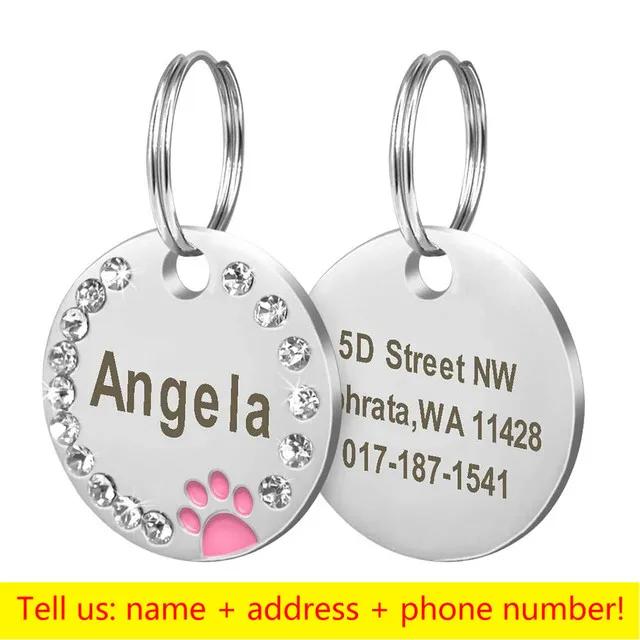 

Custom Engraved Pet ID Tag for Dogs Cats, Stainless Steel Rhinestone Paw Print Anti-Lost Collar Pendant розовый