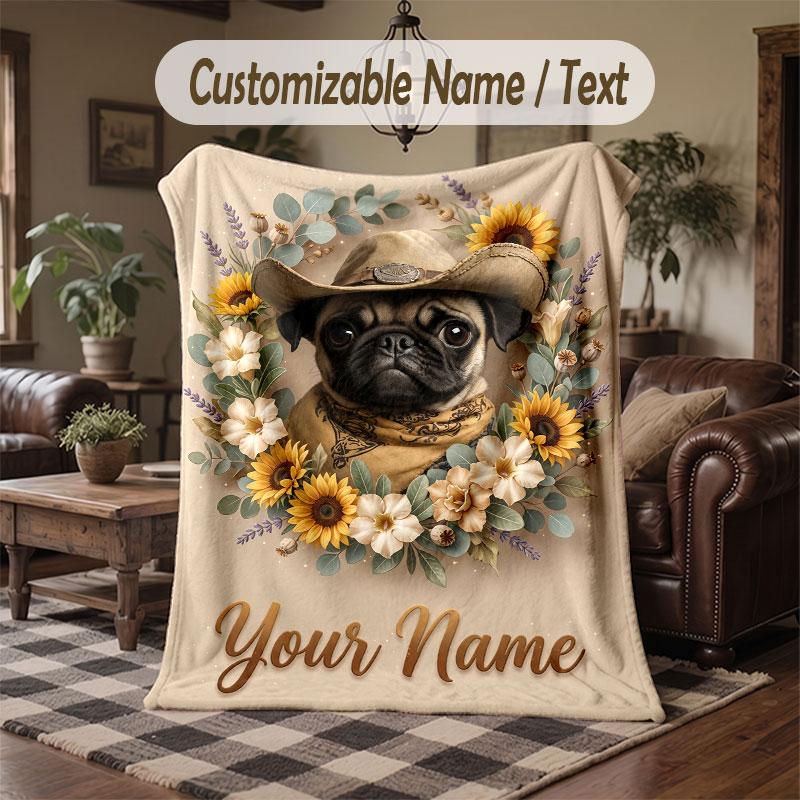 Pug Theme Throw Blanket Custom Name Text Personalized Blanket Soft Cozy Blanket for Home Sofa Bed