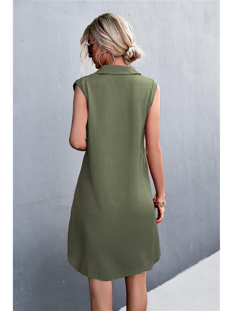 Robe d'été 2026 en coton et lin, col en V, boutonnée, sans manches, fendue