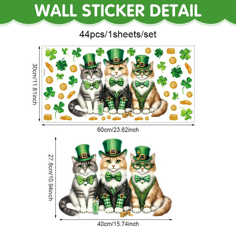 St. Patrick’s Day Shamrock Clover Cat Window Sticker Irish Green Hat Wall Decor Removable Holiday Home Decoration