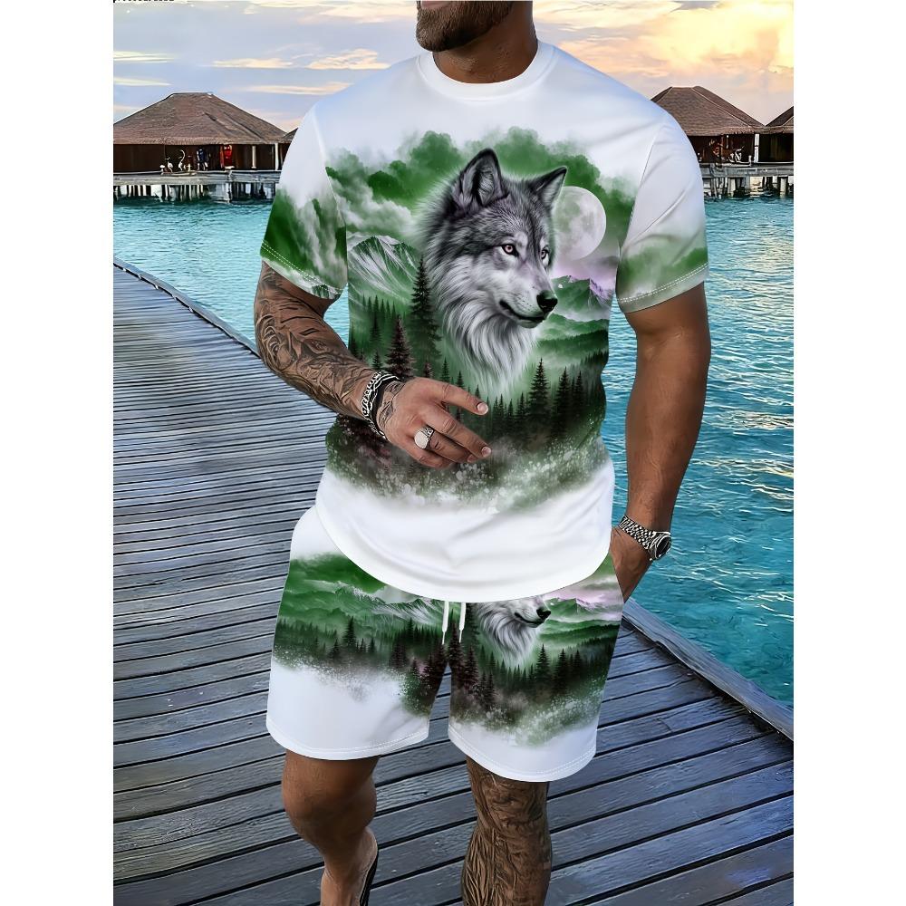Men's Wolf Pattern Printed T-shirt and Shorts Set Summer Casual Sports 2pcs