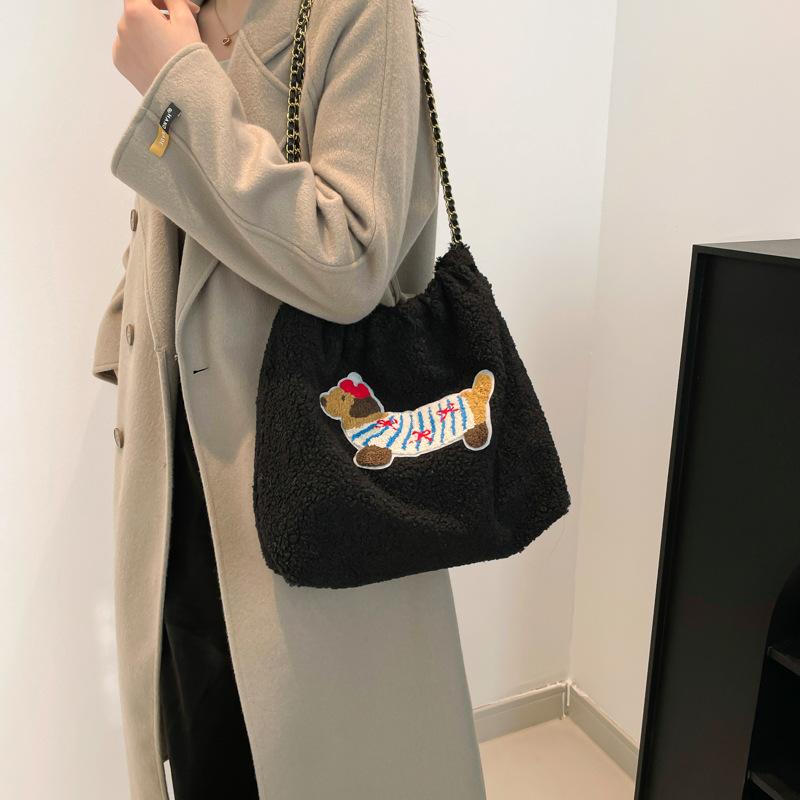 Koreanischer Stil Mode Einfache Damenhandtasche Neue Plüsch Dackel Hund Umhängetasche Ins Lässige Studenten Trendige Tragetasche
