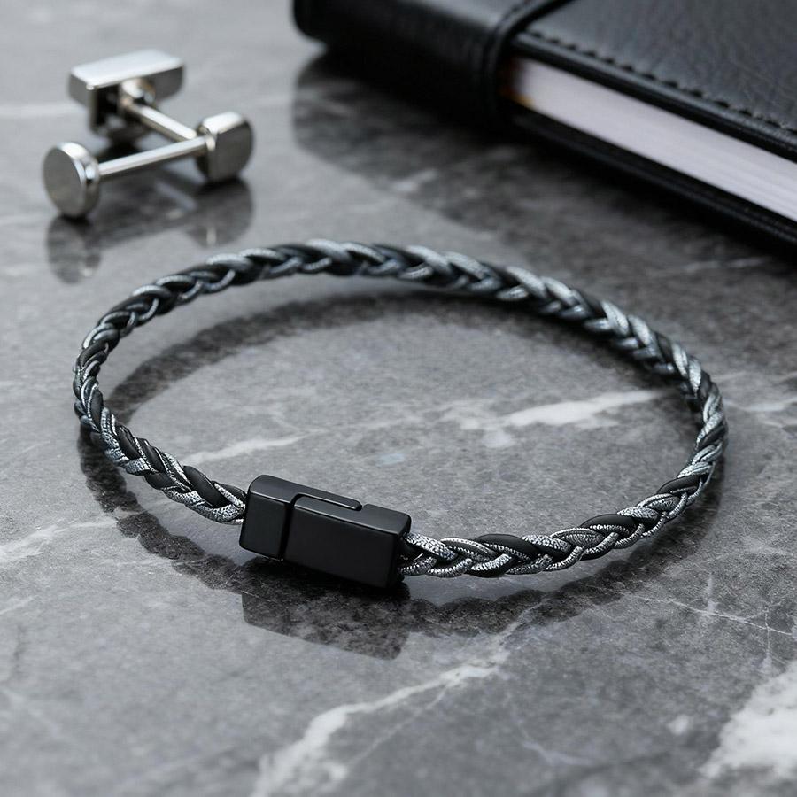 Minimalistisches geflochtenes Lederarmband für Herren Schwarz Magnetverschluss Klasse A Schnur Wickel Armschmuck Outdoor Lässig Cool Homme Joias