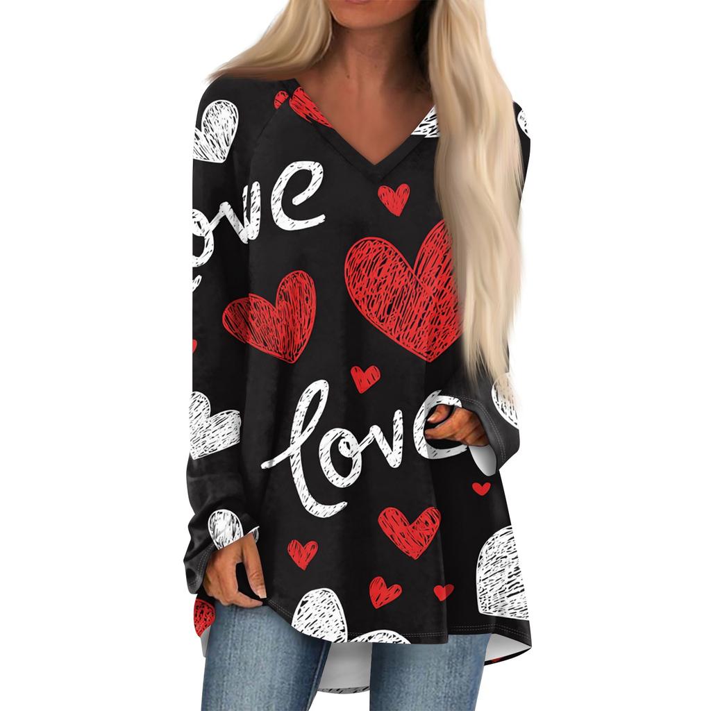 Women's Fashionable Casual Long,Sleeved Valentine's Day Print V,Neck Mid,Length Top