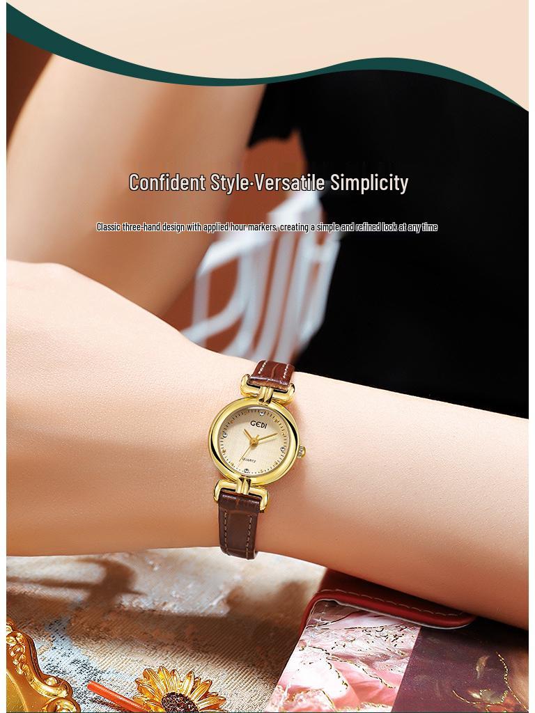 Gedi Retro-Style Women's Thin Quartz Watch with Cloth Pattern and Genuine Leather Strap