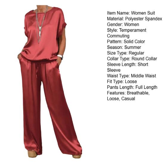 1 Set Women T-shirt Pants Suit Casual Summer Solid Color